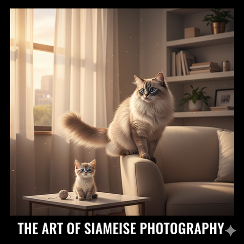 Mèo Xiêm lông dài và mèo con tạo dáng trong phòng khách sáng ấm, ánh sáng buổi chiều chiếu nhẹ qua cửa sổ