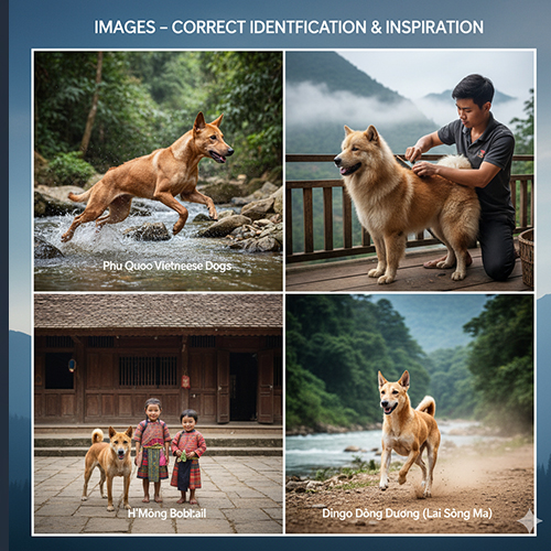 Bộ ảnh nhận diện đúng bốn giống chó Việt Nam – Phú Quốc, Bắc Hà, H’Mông Cộc và Dingo Đông Dương (Lài Sông Mã) – minh họa đặc trưng ngoại hình và bối cảnh sống thực tế 🇻🇳🐕