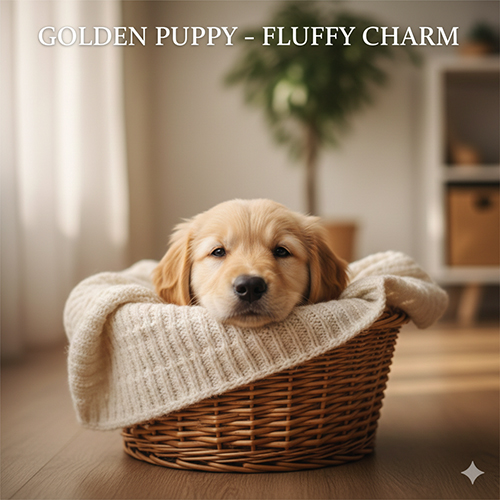 Hình chó Golden con nằm trong giỏ mây, đắp chăn len, gương mặt tròn dễ thương