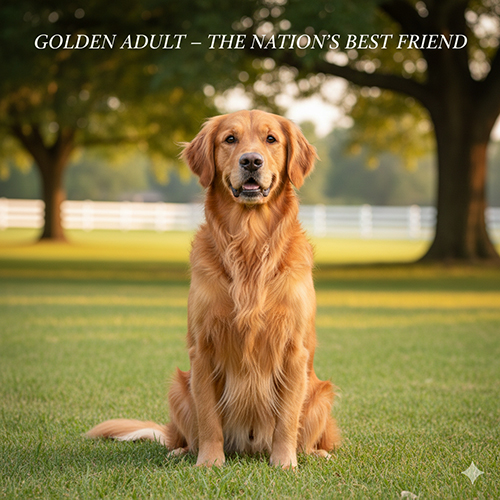 Hình chó Golden Retriever trưởng thành ngồi trên bãi cỏ, thần thái điềm tĩnh và ấm áp