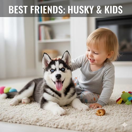 Hình chó Husky con dễ thương chơi cùng em bé trong nhà