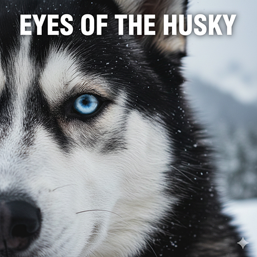 Hình cận cảnh mắt xanh của chó Husky với bộ lông đen trắng trên nền tuyết