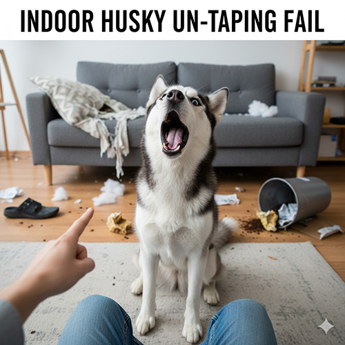 Hình chó Husky ngáo trong nhà với biểu cảm hú to và bày bừa đồ đạc