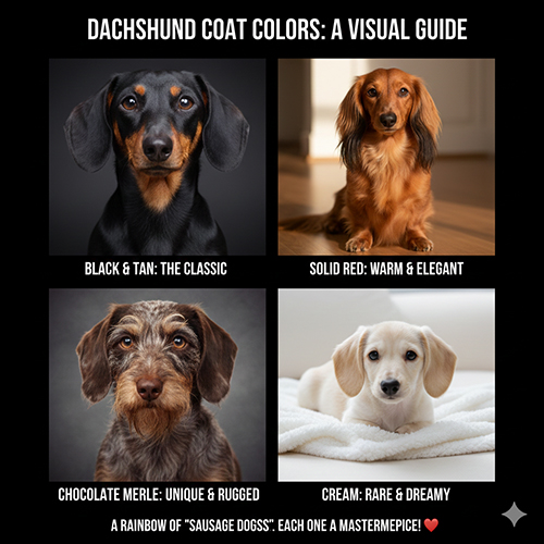 hình chó Lạp xưởng với nhiều màu lông gồm đen nâu đỏ socola merle và kem