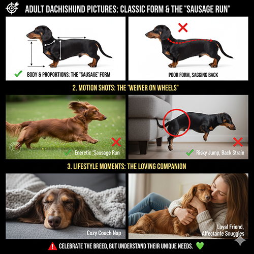 hình chó Lạp xưởng trưởng thành gồm form đứng ngang dáng chạy và khoảnh khắc đời thường