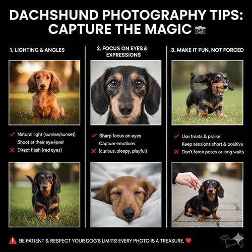 hình minh họa mẹo chụp ảnh chó Lạp xưởng gồm ánh sáng biểu cảm và cách tạo niềm vui khi chụp