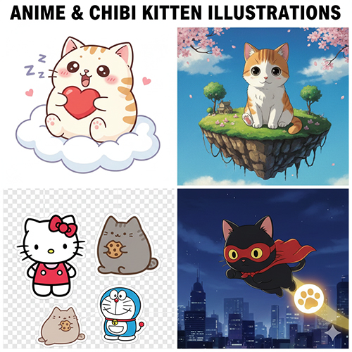 Hình mèo con chibi và anime với phong cách hoạt hình dễ thương, màu sắc ngọt ngào