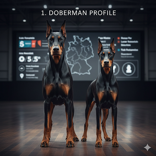 Hồ sơ nhanh của giống chó Doberman Pinscher với thông tin nguồn gốc, kích thước và tính cách