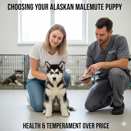 Người nuôi đang tham khảo và kiểm tra chó Alaska Malamute con đen trắng trong khu vực nuôi chuyên nghiệp