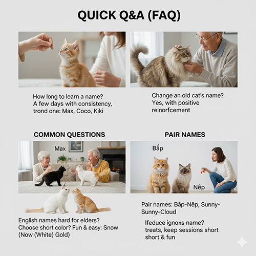 Hình ảnh hỏi đáp nhanh về cách đặt tên cho mèo, gồm đổi tên, mèo nhớ tên và gợi ý tên đôi
