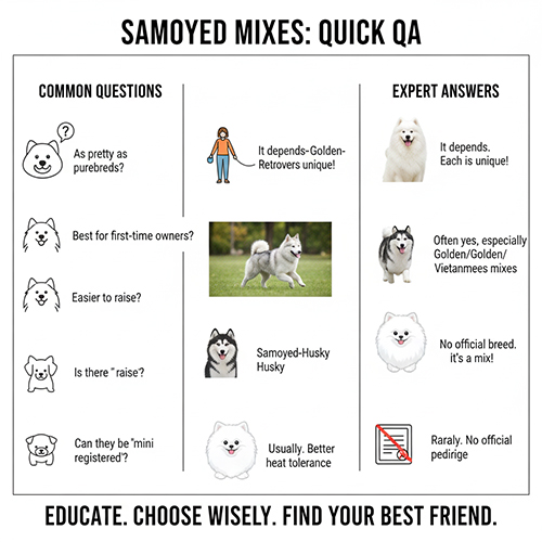 Hình tổng hợp các câu hỏi thường gặp về chó Samoyed lai và câu trả lời ngắn gọn để người xem dễ hiểu