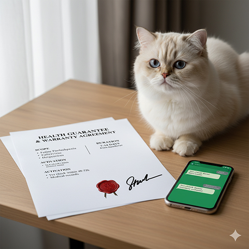 Mèo Ba Tư bên cạnh hợp đồng bảo hành ghi rõ phạm vi bệnh, thời hạn, điều kiện kích hoạt và quyền lợi khi mua mèo.