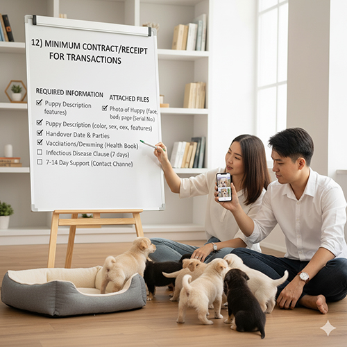 Cặp đôi trẻ cùng sáu chú chó con ngồi trước bảng trình bày các mục thông tin bắt buộc trong hợp đồng hoặc biên nhận mua bán chó cỏ con.