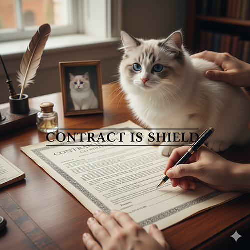 Mèo Ragdoll ngồi cạnh bản hợp đồng mua bán, người nuôi đang ký giấy tờ trước khi nhận bé.