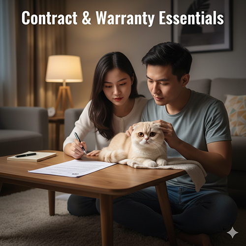 Cặp đôi đang ký hợp đồng mua mèo Scottish Fold trên bàn, chú mèo nằm ngoan bên cạnh trong không gian ấm cúng