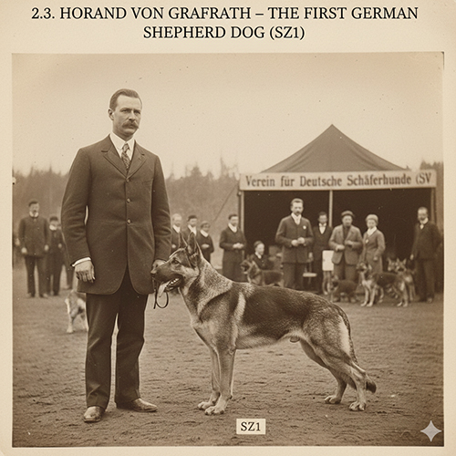Người đàn ông Đức trong trang phục lịch sử đứng cùng chú chó Horand von Grafrath tại sân triển lãm, phía sau là lều của Câu lạc bộ chó chăn cừu Đức