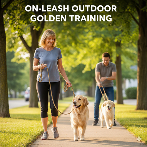 Hai người dắt chó Golden Retriever đi dạo bằng dây dắt trên vỉa hè rợp bóng cây, luyện tập đi cạnh chân không kéo dây.