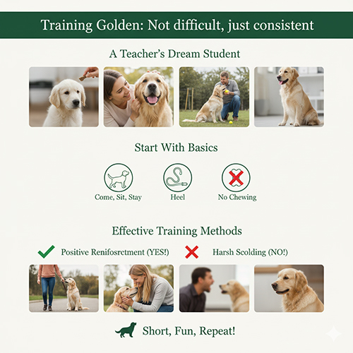 Infographic huấn luyện chó Golden Retriever với các lệnh cơ bản và phương pháp thưởng khích lệ tích cực