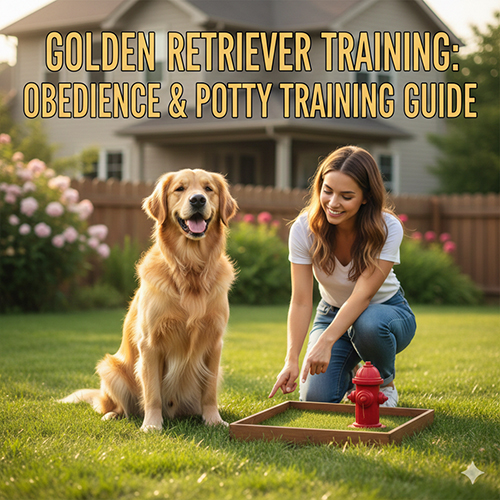 Cô gái đang huấn luyện chó Golden Retriever ngồi ngoan bên khay đi vệ sinh trong sân vườn trước nhà.