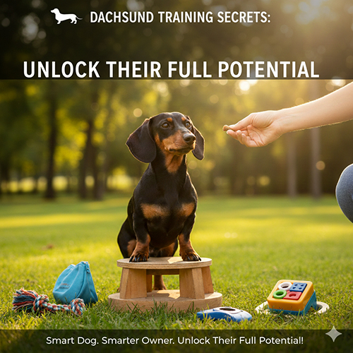 Hình chú chó Lạp xưởng ngồi trên bục gỗ ngoài công viên, xung quanh là đồ chơi huấn luyện, minh họa bài viết huấn luyện chó Lạp xưởng nghe lời từ A–Z.