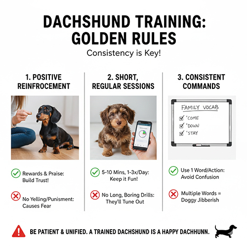 Infographic các nguyên tắc vàng khi huấn luyện chó Lạp xưởng: thưởng – khen tích cực, buổi tập ngắn nhưng đều, lệnh thống nhất cho cả gia đình.