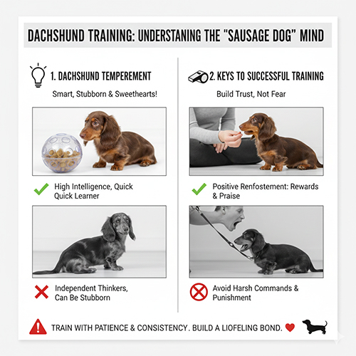 Infographic về tính cách chó Lạp xưởng và nguyên tắc huấn luyện, minh họa bé “xúc xích” thông minh, bướng nhưng tình cảm cùng các dấu ✔ và ✘.