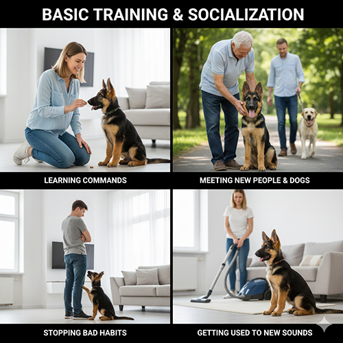 bộ ảnh huấn luyện cơ bản cho chó Becgie con gồm học lệnh, gặp người và chó mới, sửa thói quen xấu và làm quen tiếng ồn