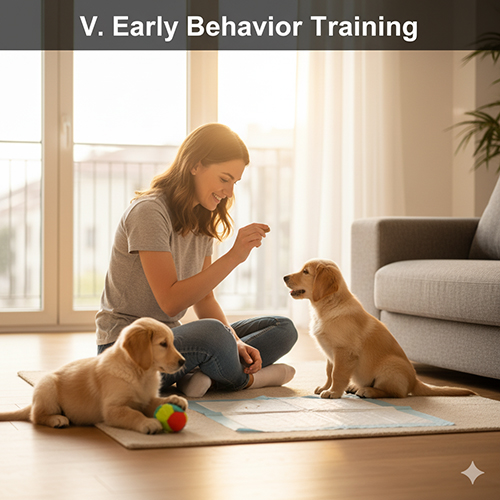 Người phụ nữ đang huấn luyện hai chó con Golden Retriever trong phòng khách sáng sớm, sử dụng bánh thưởng và đồ chơi – minh họa huấn luyện hành vi đầu đời.