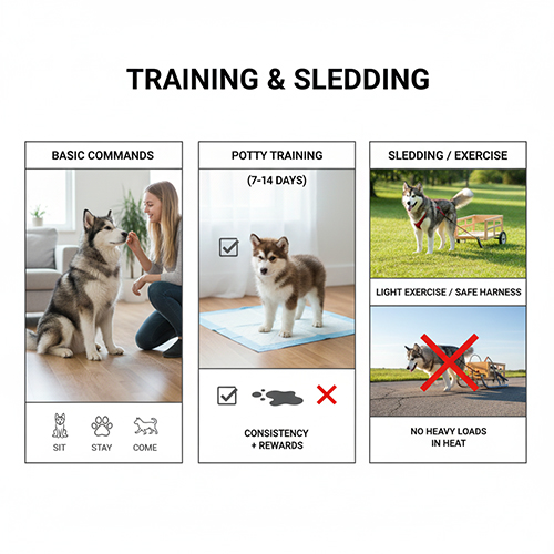 Huấn luyện chó Alaska Malamute với lệnh cơ bản đi vệ sinh và kéo xe an toàn