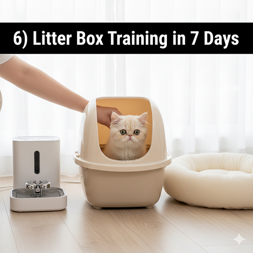 Mèo Ba Tư con ngồi trong khay cát kín, đang được hướng dẫn làm quen vị trí đi vệ sinh