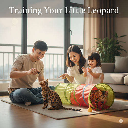 Gia đình trẻ huấn luyện hai mèo Bengal chơi đường hầm đồ chơi trong căn hộ sáng sủa.