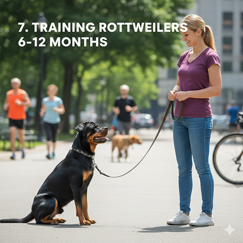 Huấn luyện chó Rottweiler 6–12 tháng tuổi trong môi trường công cộng nhiều xao nhãng
