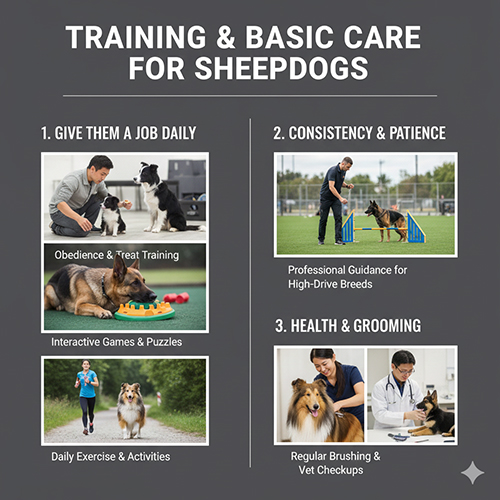 Hình minh họa các bước huấn luyện và chăm sóc cơ bản cho chó chăn cừu gồm cho “công việc”, huấn luyện nhất quán và chăm sóc sức khỏe