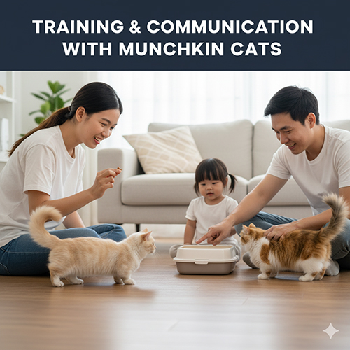 Gia đình tập cho mèo Munchkin phản xạ tên, dùng khay cát và cho thưởng trong phòng khách; minh họa huấn luyện nhẹ nhàng bằng tích cực.