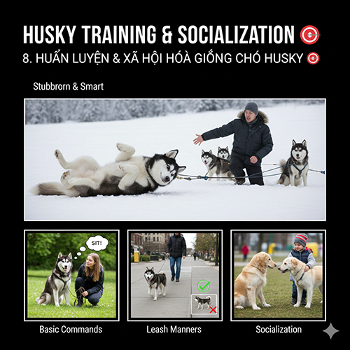 Bộ ảnh huấn luyện Husky gồm cảnh nằm lăn trốn lệnh, học ngồi, đi dây và gặp gỡ chó khác