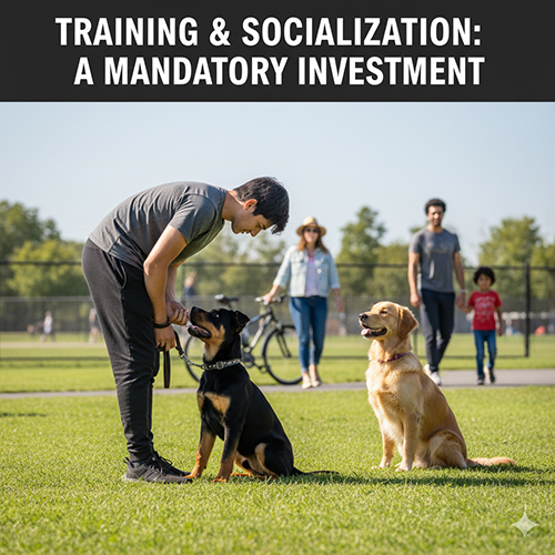 Chó Rottweiler lai Becgie đang được huấn luyện ngoài công viên, ngồi nghe lệnh cạnh một chú Golden.