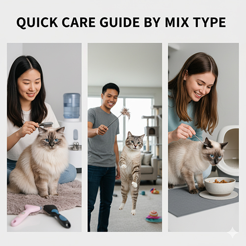 Ba cảnh chăm sóc mèo Xiêm lai: chải lông, chơi với đũa câu và cho ăn, minh họa thói quen ăn – chơi – grooming theo từng line.