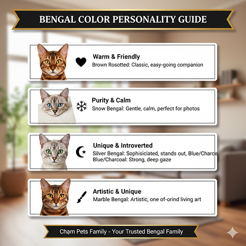 Bảng hướng dẫn chọn màu mèo Bengal theo tính cách: Brown thân thiện, Snow dịu dàng, Silver sang trọng, Charcoal sâu lắng, Marble nghệ thuật.