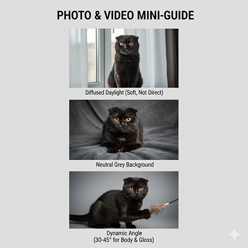 Ba khung ảnh Scottish Fold đen được chụp dưới daylight khuếch tán, nền xám trung tính và góc chéo 30–45° khi chơi cần câu