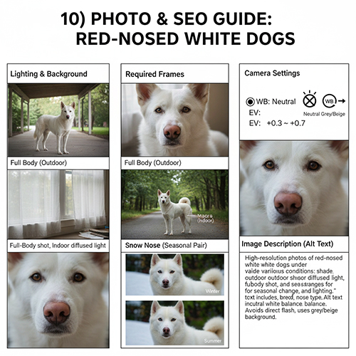 Hướng dẫn chụp ảnh và viết alt text cho chó trắng mũi đỏ: ánh sáng bóng râm, nền trung tính, WB trung tính, khung toàn thân – cận mũi, bộ ảnh snow nose hai mùa