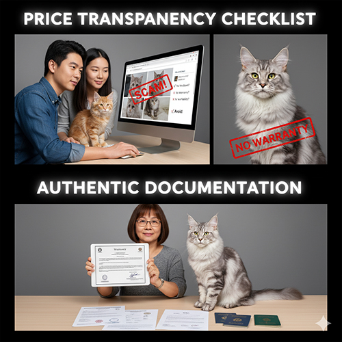 Người mua kiểm tra báo giá mèo Maine Coon với dấu hiệu scam và đối chiếu giấy tờ minh bạch