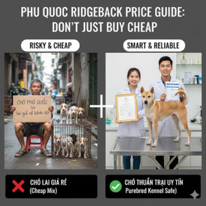 Infographic cảnh báo không nên mua chó Phú Quốc giá rẻ, so sánh chó lai bán vỉa hè với chó thuần trại uy tín có giấy tờ
