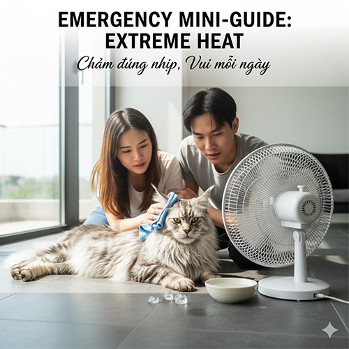 Cặp đôi làm mát cho mèo Mỹ lông dài bằng quạt và khăn ẩm trong ngày nắng nóng cực độ