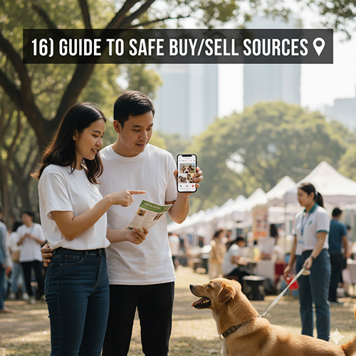 Cặp đôi trẻ dắt chó đi dạo trong công viên, cùng xem điện thoại hiển thị hướng dẫn mua bán chó cỏ an toàn giữa khu chợ thú cưng.