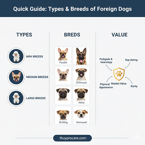 Bảng hướng dẫn nhanh các loại chó ngoại theo kích thước gồm Poodle, Chihuahua, Akita, Bulldog và Samoyed kèm biểu đồ giá trị giống.