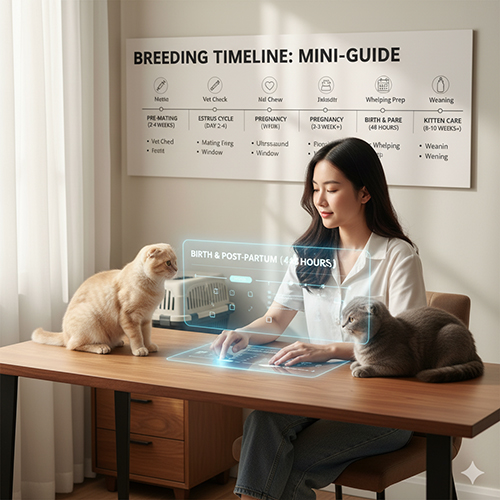 Cô gái ngồi làm việc bên hai chú mèo Scottish Fold, trước mặt là bảng timeline quy trình phối giống từ khám tiền phối, động dục, thai kỳ đến chăm mèo con