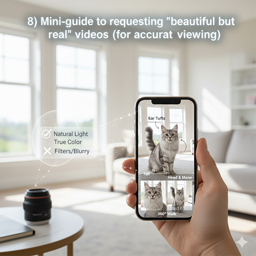Ảnh minh họa hướng dẫn xin video “đẹp mà thật” của mèo Maine Coon với các góc quay tai, đầu, bờm, đuôi và 360°.