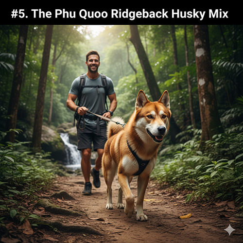 Husky lai Phú Quốc: ngoại hình thể thao, năng lượng cao và có thể mang xoáy đặc trưng.
