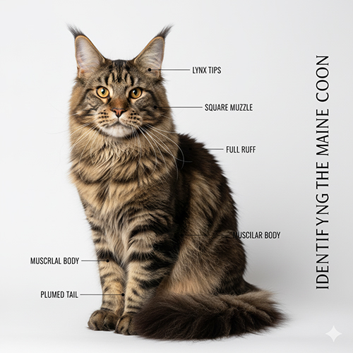 Mèo Maine Coon ngồi thẳng chính diện với chú thích từng bộ phận nhận diện chuẩn.