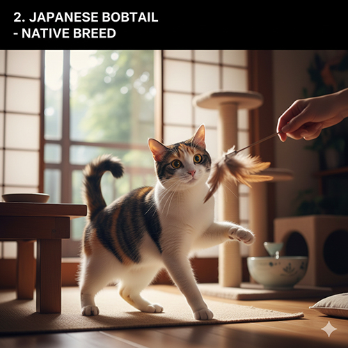 Mèo Japanese Bobtail cụt đuôi đang chơi trong không gian nhà kiểu Nhật Bản